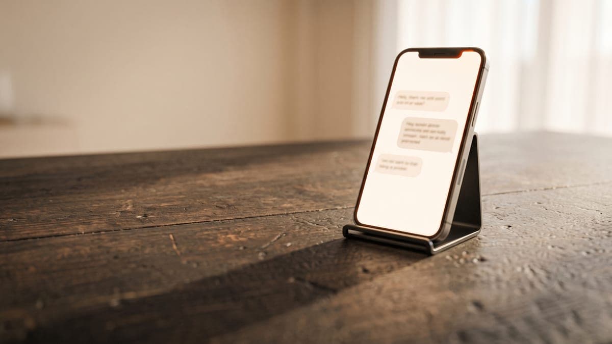 Smartphone im Ständer auf einem Holztisch zeigt einen Chatverlauf mit einer KI-Antwort
