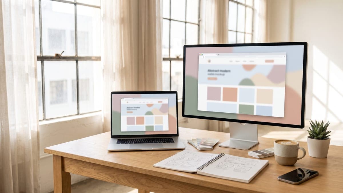 Monitor und Laptop mit Website-Entwurf auf einem hellen Schreibtisch, daneben Farbmuster und Skizzen
